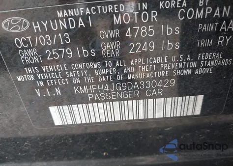 2013 Hyundai Azera from USA, damaged, VIN KMHFH4JG9DA330429